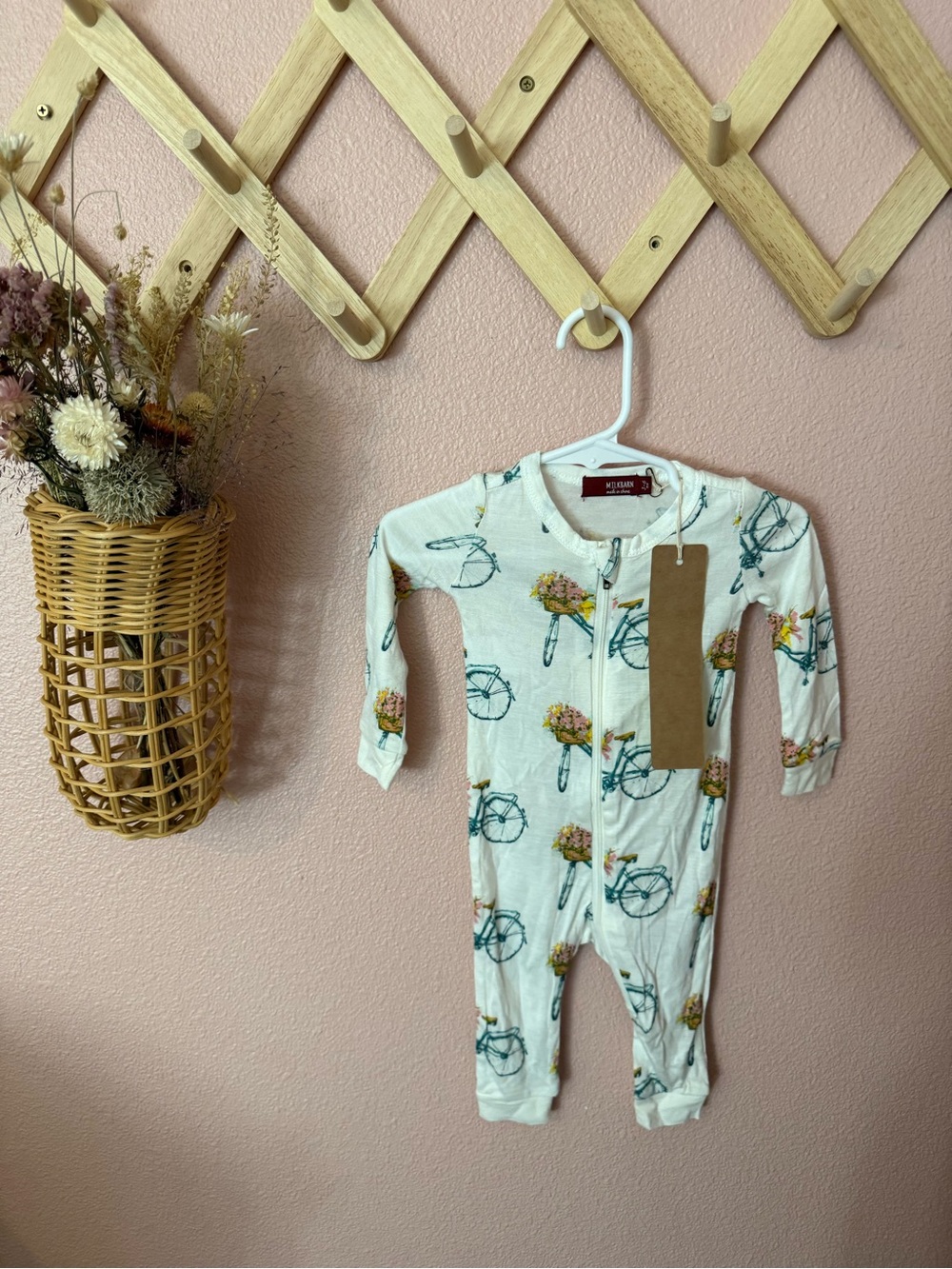 NWT Milkbarn Bamboo Baby White Bicycle Print Organic Cotton Zip One-Piece